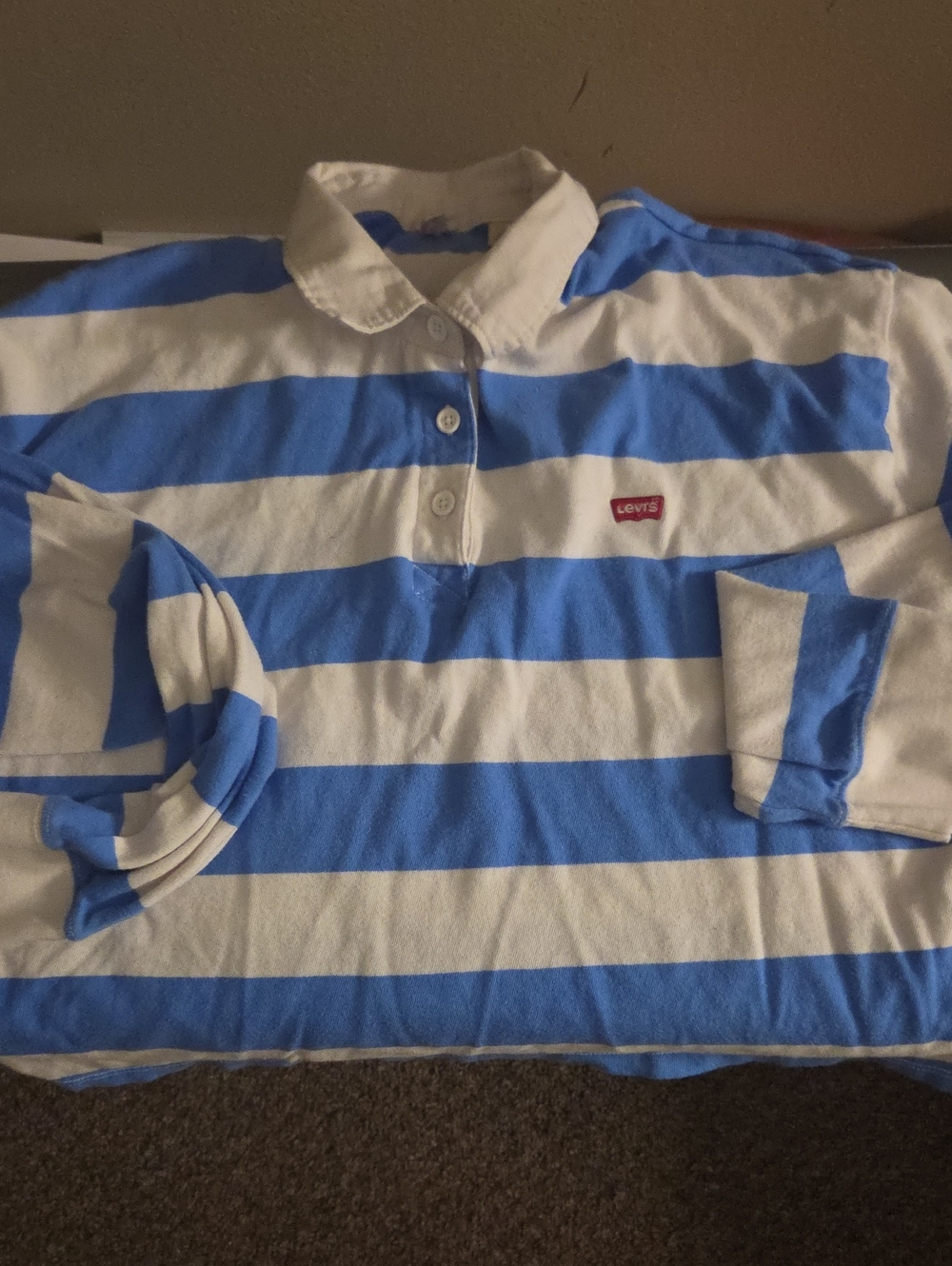 Levi's White and Blue Striped Button-Down Rugby Top